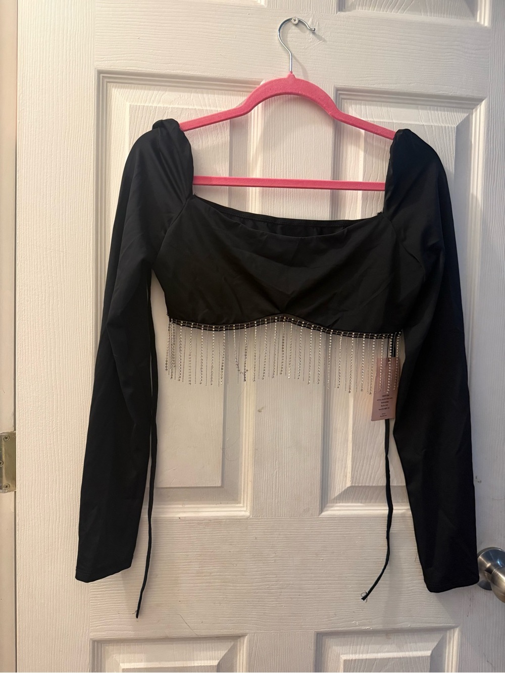 SHEIN Black Long Sleeve Crop Top with Rhinestone Fringe